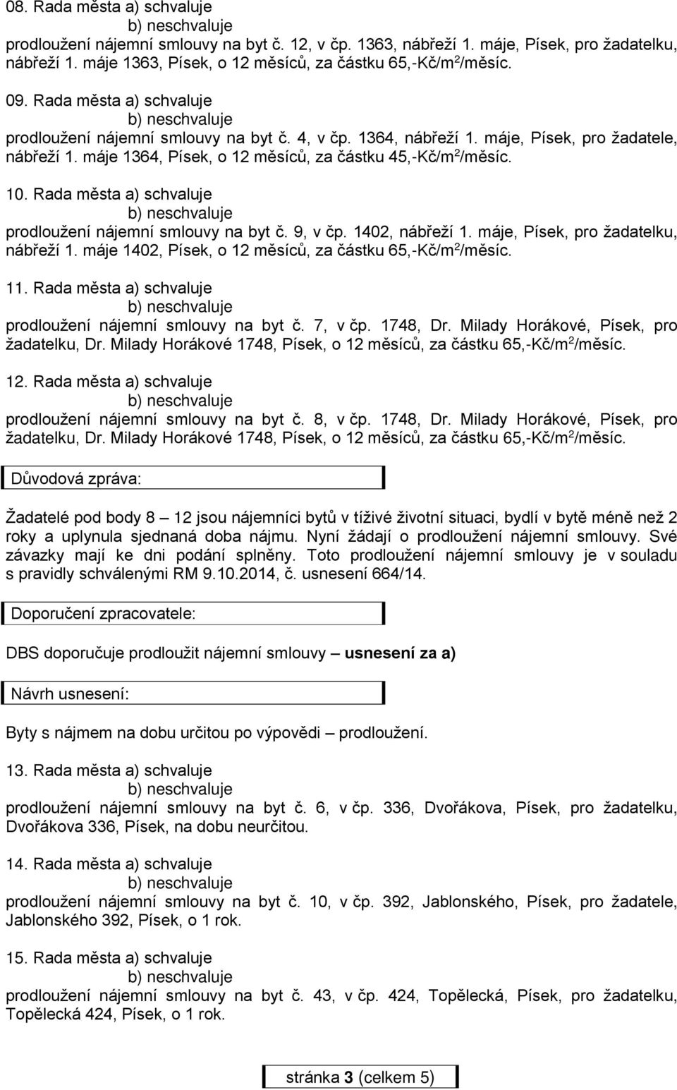 Rada města a) schvaluje prodloužení nájemní smlouvy na byt č. 9, v čp. 1402, nábřeží 1. máje, Písek, pro žadatelku, nábřeží 1. máje 1402, Písek, o 12 měsíců, za částku 65,-Kč/m 2 /měsíc. 11.