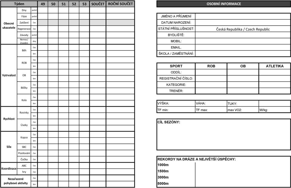 ŠKOLA / ZAMĚSTNÁNÍ: Česká Republika / Czech Republic SPORT ATLETIKA ODDÍL: REGISTRAČNÍ ČÍSLO: