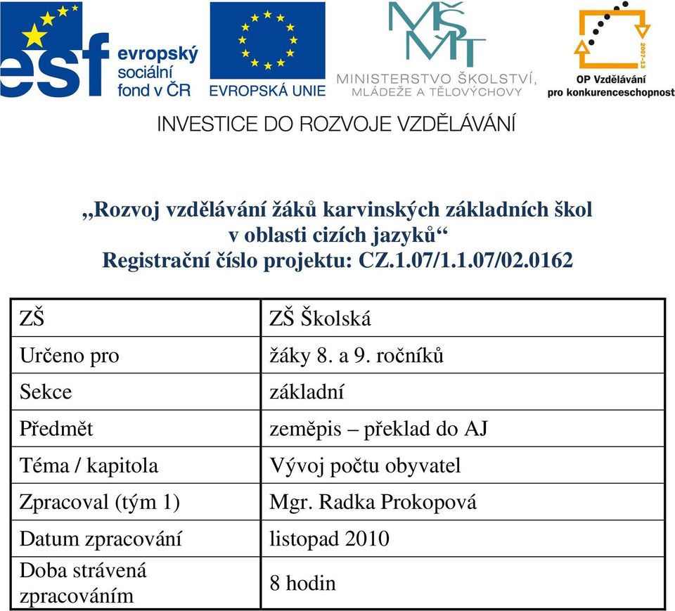 0162 ZŠ Určeno pro Sekce Předmět Téma / kapitola Zpracoval (tým 1) ZŠ Školská žáky 8. a 9.