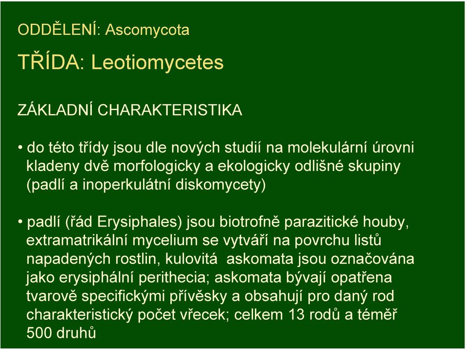 extramatrikální mycelium se vytváří na povrchu listů napadených rostlin, kulovitá askomata jsou označována jako erysiphální perithecia;