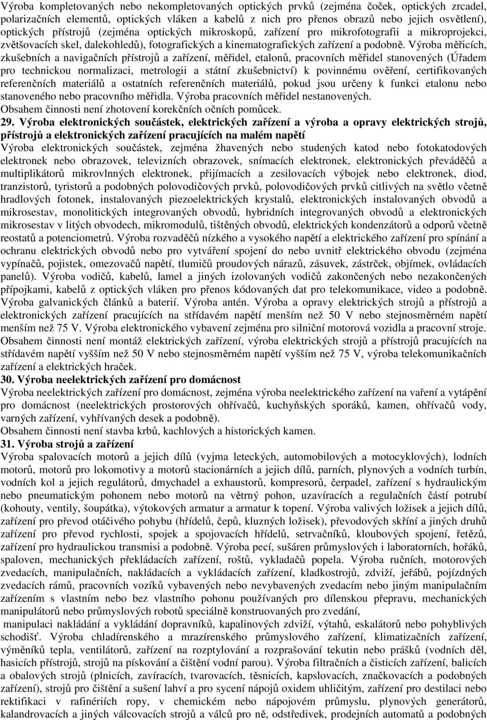 Výroba měřicích, zkušebních a navigačních přístrojů a zařízení, měřidel, etalonů, pracovních měřidel stanovených (Úřadem pro technickou normalizaci, metrologii a státní zkušebnictví) k povinnému