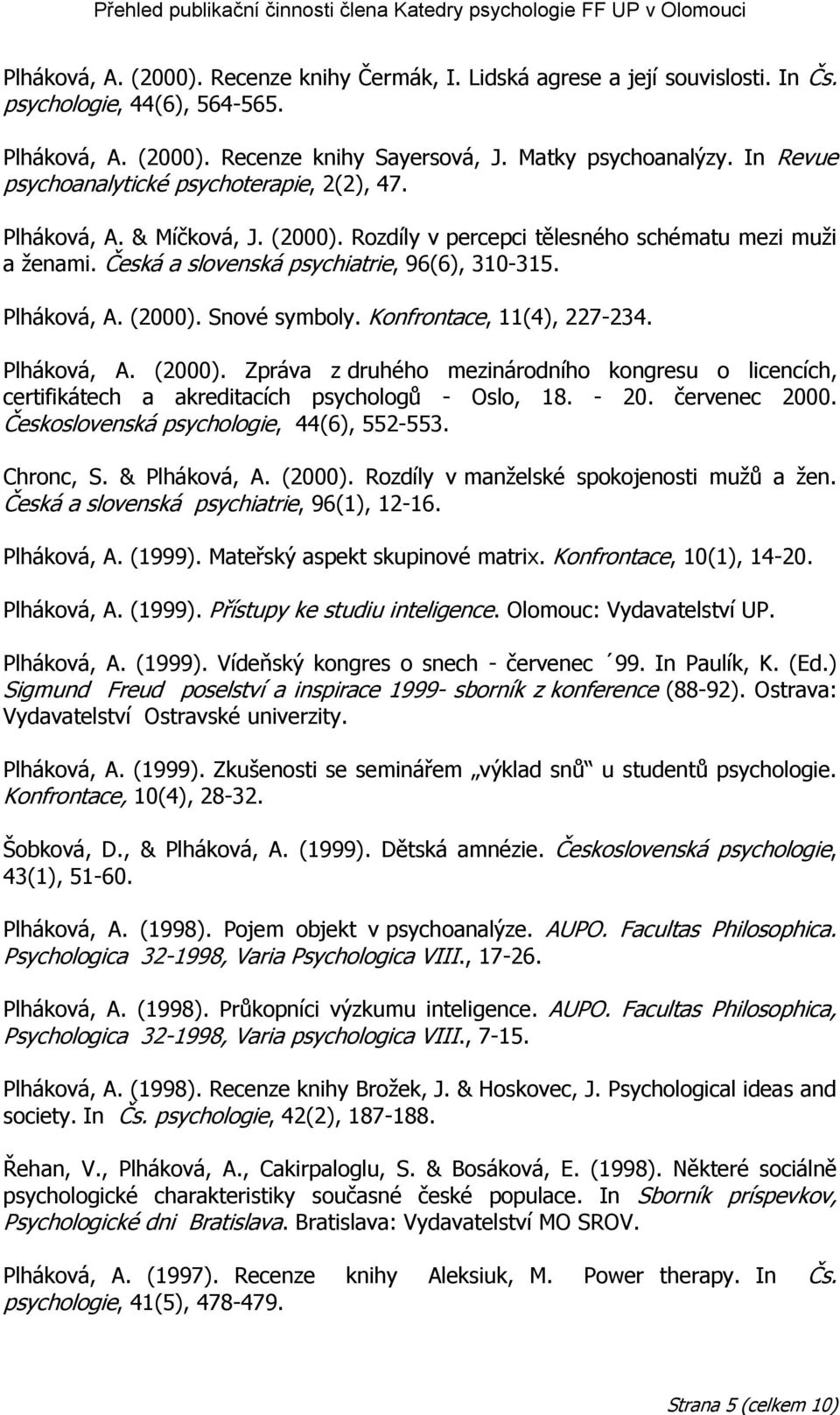 Plháková, A. (2000). Snové symboly. Konfrontace, 11(4), 227-234. Plháková, A. (2000). Zpráva z druhého mezinárodního kongresu o licencích, certifikátech a akreditacích psychologů - Oslo, 18. - 20.