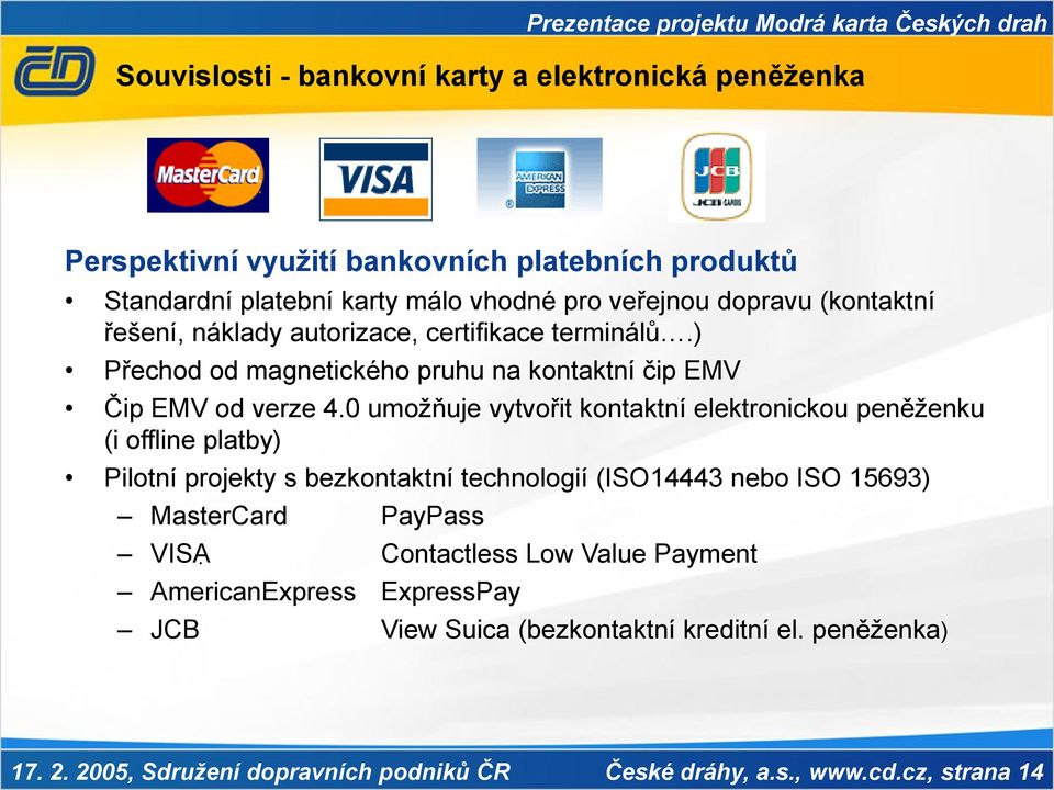 0 umožňuje vytvořit kontaktní elektronickou peněženku (i offline platby) Pilotní projekty s bezkontaktní technologií (ISO14443 nebo ISO 15693) MasterCard PayPass