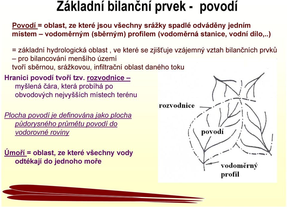 .) = základní hydrologická oblast, ve které se zjišťuje vzájemný vztah bilančních prvků pro bilancování menšího území tvoří sběrnou, srážkovou,