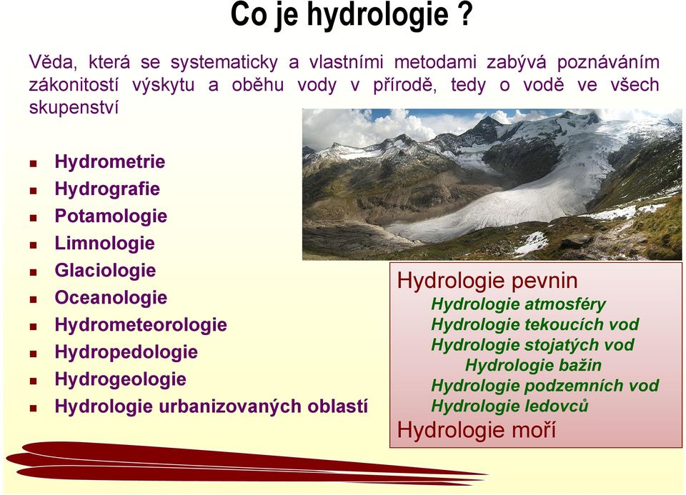 vodě ve všech skupenství Hydrometrie Hydrografie Potamologie Limnologie Glaciologie Oceanologie Hydrometeorologie