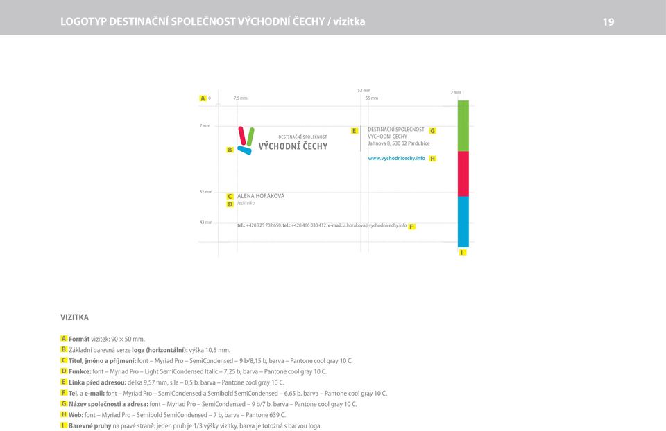 B Základní barevná verze loga (horizontální): výška 10,5 mm. C Titul, jméno a příjmení: font Myriad Pro SemiCondensed 9 b/8,15 b, barva Pantone cool gray 10 C.