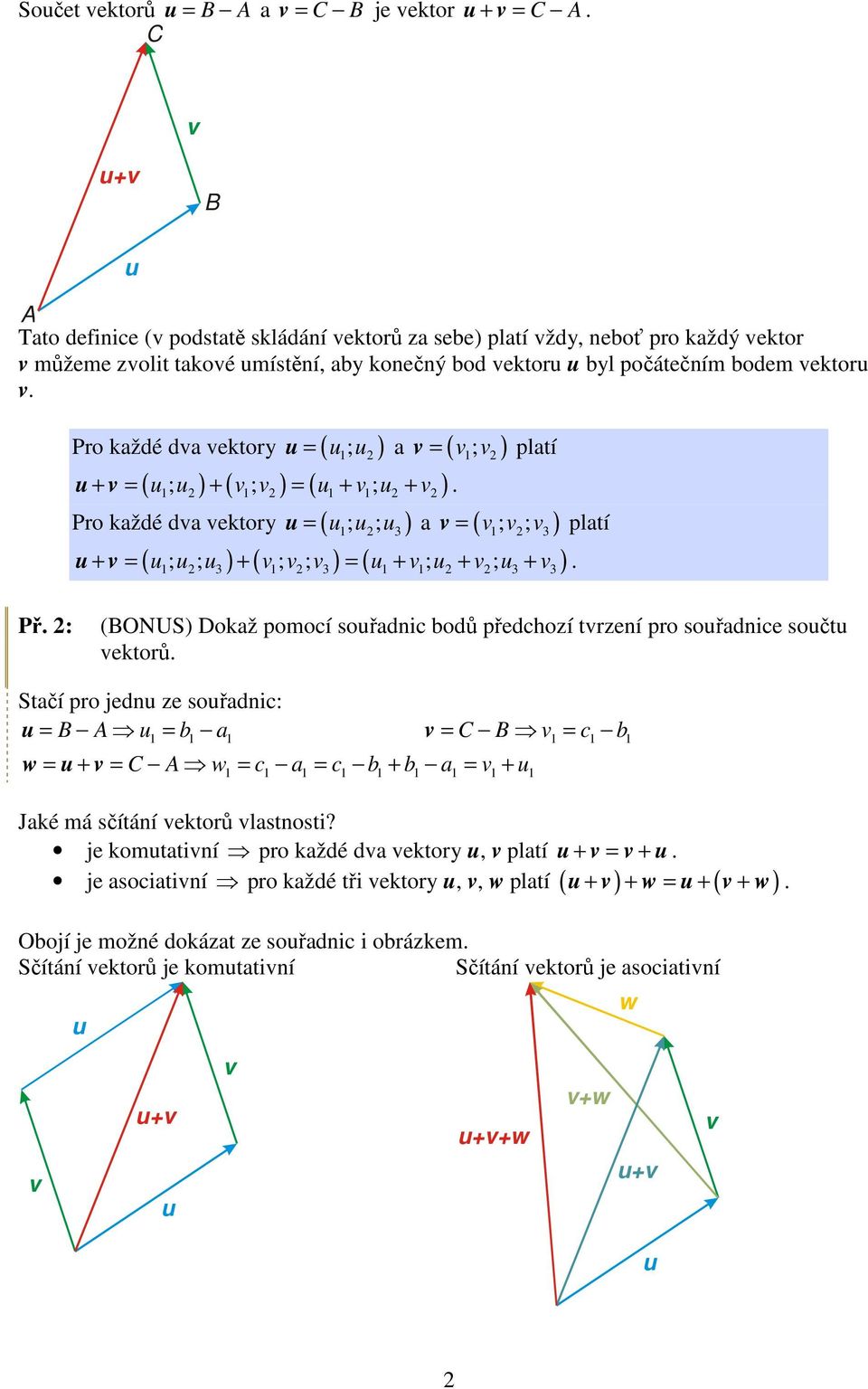 Pro každé da ektory = ( ; ) a = ( ; ) platí + = ( ; ) + ( ; ) = ( + ; + ). Pro každé da ektory = ( ; ; 3 ) a = ( ; ; 3 ) + = ( ; ; ) + ( ; ; ) = ( + ; + ; + ) platí. 3 3 3 3 Př.