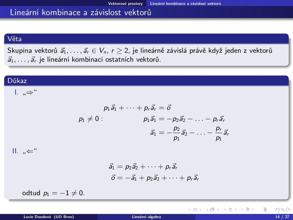 .., a r je lineární kombinací ostatních vektorů. Důkaz I. II.