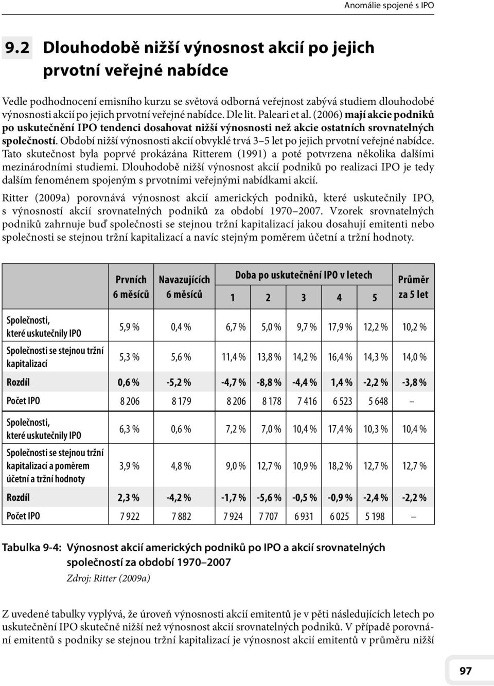 veřejné nabídce. Dle lit. Paleari et al. (2006) mají akcie podniků po uskutečnění IPO tendenci dosahovat nižší výnosnosti než akcie ostatních srovnatelných společností.