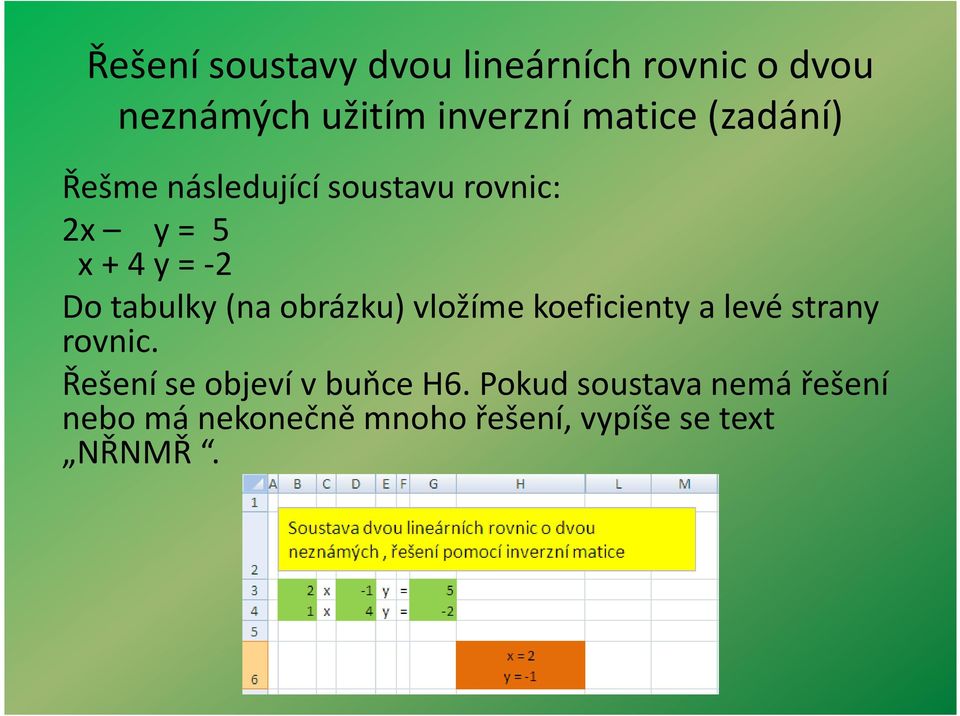 obrázku) vložíme koeficienty levé strny rovnic. Řešení se objeví v buňce H6.