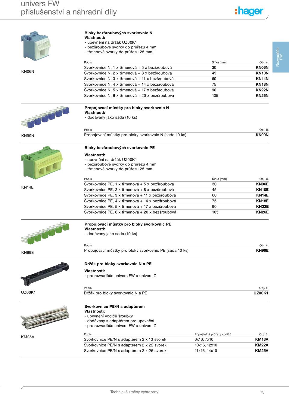 x bezšroubová 75 KN18N Svorkovnice N, 5 x třmenová + 17 x bezšroubová 90 KN22N Svorkovnice N, 6 x třmenová + 20 x bezšroubová 105 KN26N Rozvaděče FW Propojovací můstky pro bloky svorkovnic N -