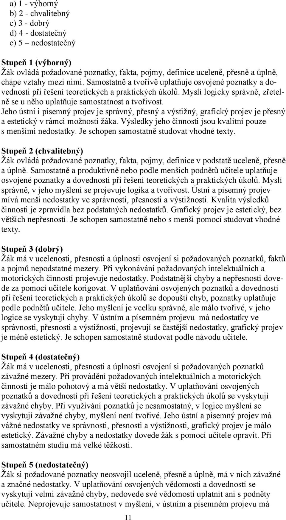 Jeho ústní i písemný projev je správný, přesný a výstižný, grafický projev je přesný a estetický v rámci možností žáka. Výsledky jeho činnosti jsou kvalitní pouze s menšími nedostatky.