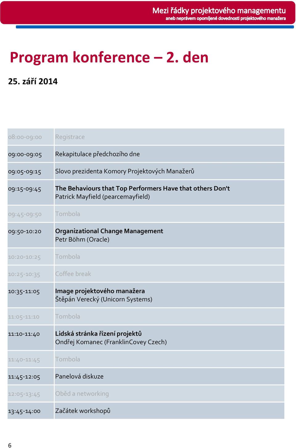 Performers Have that others Don't Patrick Mayfield (pearcemayfield) 09:45-09:50 Tombola 09:50-10:20 Organizational Change Management Petr Böhm (Oracle) 10:20-10:25