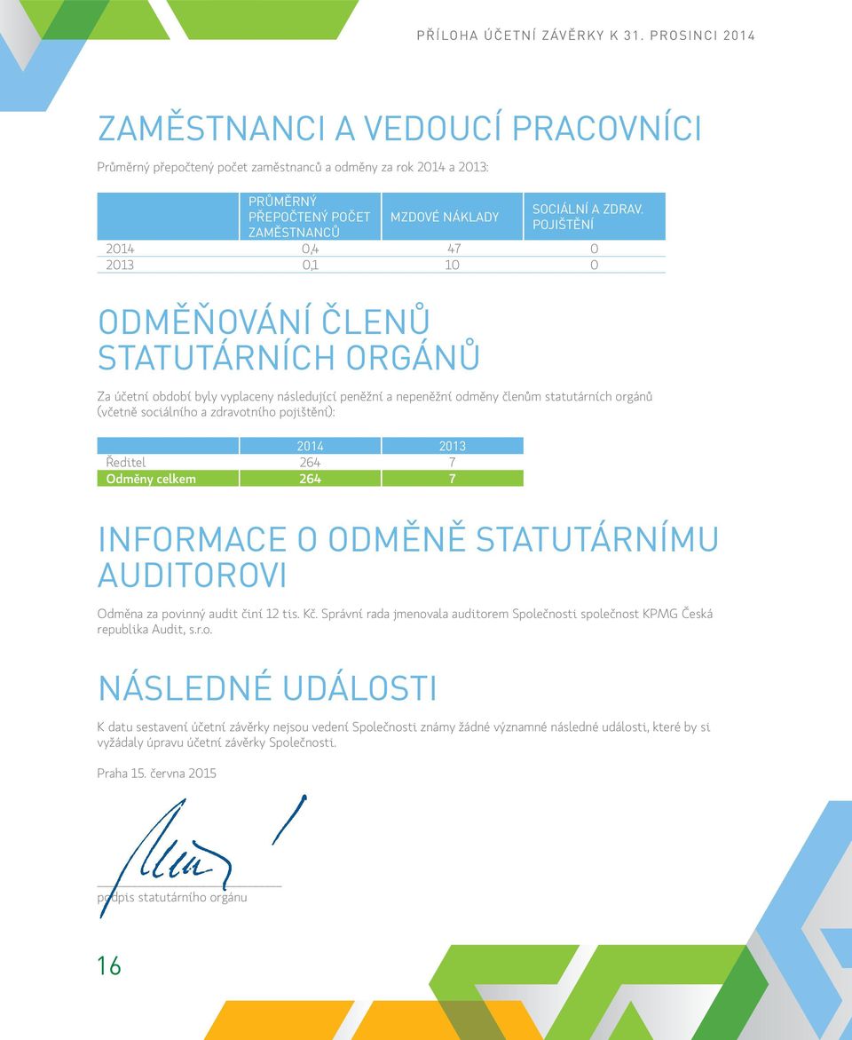 POJIŠTĚNÍ 2014 0,4 47 0 2013 0,1 10 0 ODMĚŇOVÁNÍ ČLENŮ STATUTÁRNÍCH ORGÁNŮ Za účetní období byly vyplaceny následující peněžní a nepeněžní odměny členům statutárních orgánů (včetně sociálního a