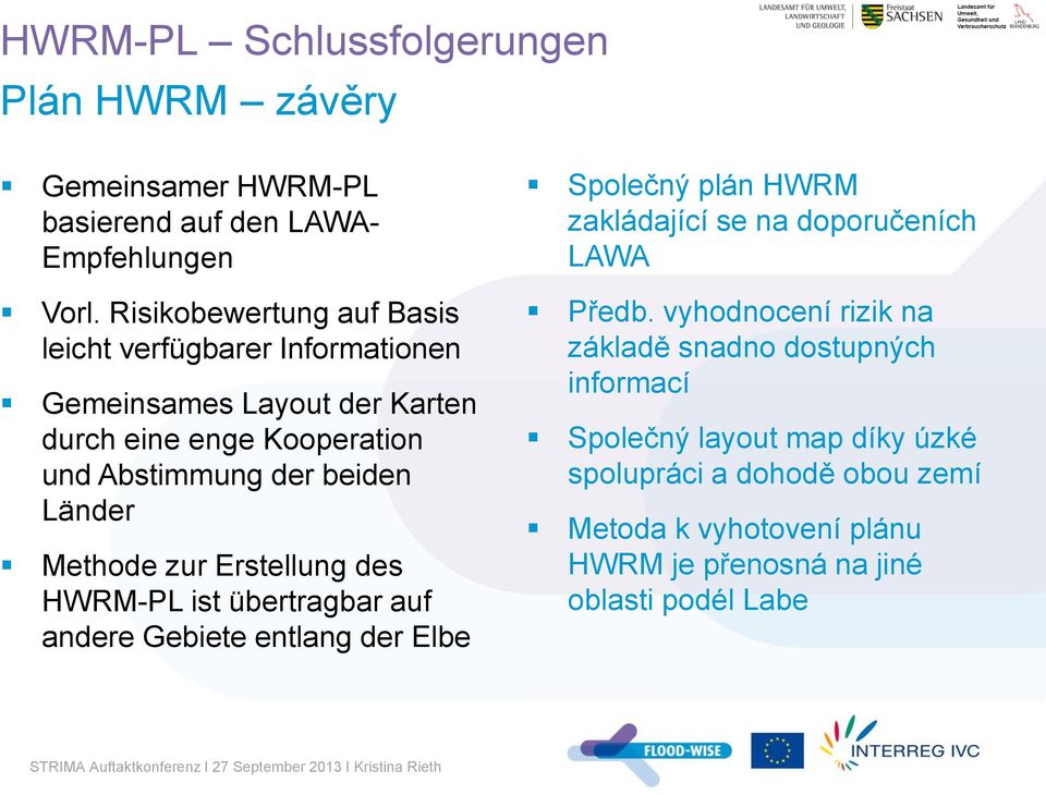 Länder Methode zur Erstellung des HWRM-PL ist übertragbar auf andere Gebiete entlang der Elbe Společný plán HWRM zakládající se na doporučeních