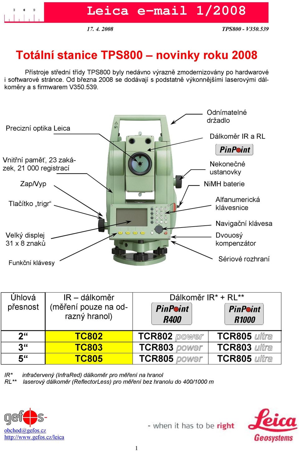 Precizní optika Leica Odnímatelné držadlo Dálkoměr IR a RL Vnitřní paměť, 23 zakázek, 21 000 registrací Zap/Vyp Tlačítko trigr Velký displej 31 x 8 znaků Funkční klávesy Nekonečné ustanovky NiMH