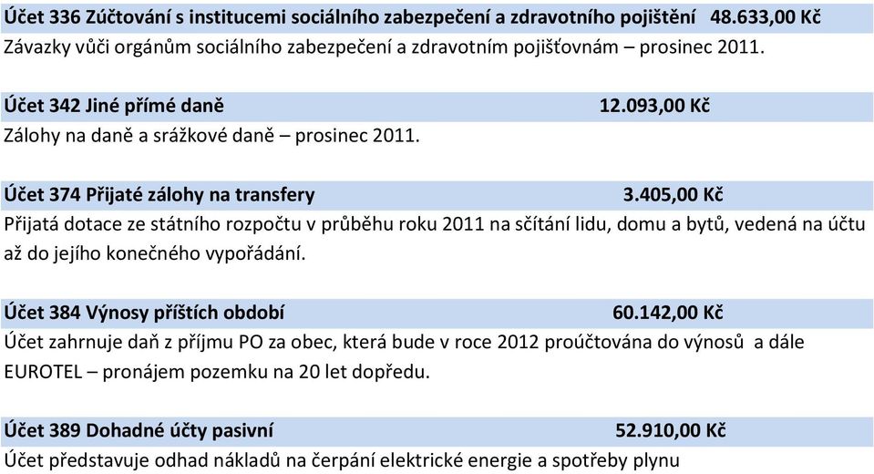 405,00 Kč Přijatá dotace ze státního rozpočtu v průběhu roku 2011 na sčítání lidu, domu a bytů, vedená na účtu až do jejího konečného vypořádání. Účet 384 Výnosy příštích období 60.