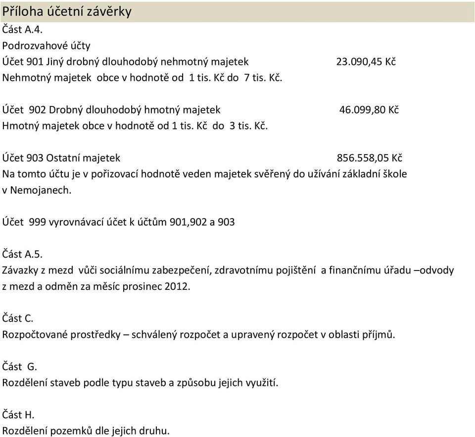 558,05 Kč Na tomto účtu je v pořizovací hodnotě veden majetek svěřený do užívání základní škole v Nemojanech. Účet 999 vyrovnávací účet k účtům 901,902 a 903 Část A.5. Závazky z mezd vůči sociálnímu zabezpečení, zdravotnímu pojištění a finančnímu úřadu odvody z mezd a odměn za měsíc prosinec 2012.