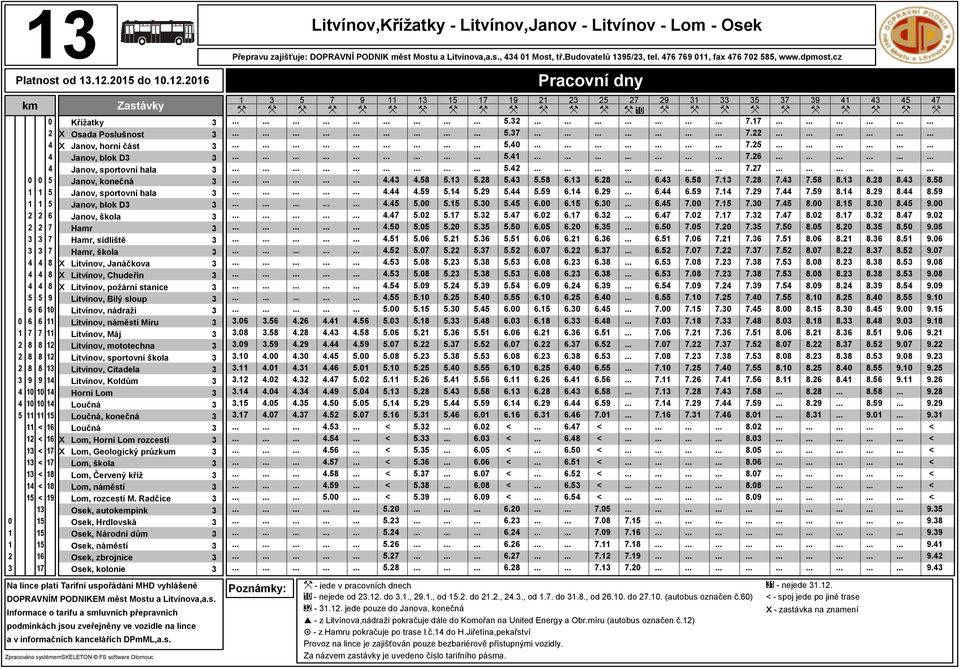 Janáčkova x Litvínov, Chudeřín x Litvínov, požární stanice Litvínov, Bílý sloup Litvínov, nádraží Litvínov, náměstí Míru Litvínov, Máj Litvínov, mototechna Litvínov, sportovní škola Litvínov,