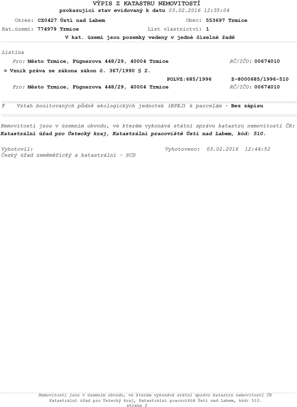 POLVZ:685/1996 Pr: Měst Trmice, ügnerva 448/29, 40004 Trmice RČ/IČO: 00674010