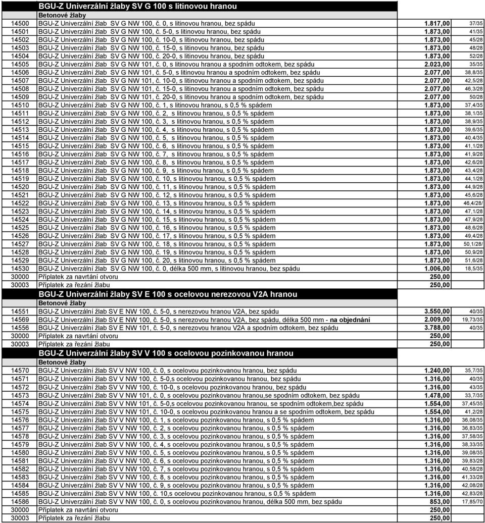 15-0, s litinovou hranou, bez spádu 1.873,00 48/28 14504 BGU-Z Univerzální žlab SV G NW 100, č. 20-0, s litinovou hranou, bez spádu 1.873,00 52/28 14505 BGU-Z Univerzální žlab SV G NW 101, č.