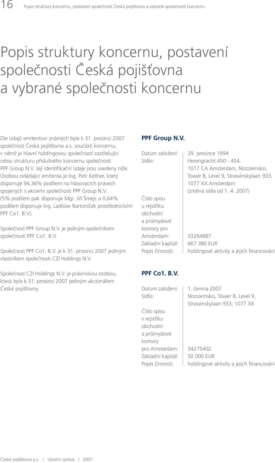 V. Její identifikační údaje jsou uvedeny níže. Osobou ovládající emitenta je Ing. Petr Kellner, který disponuje 94,36% podílem na hlasovacích právech spojených s akciemi společnosti PPF Group N.V. (5% podílem pak disponuje Mgr.