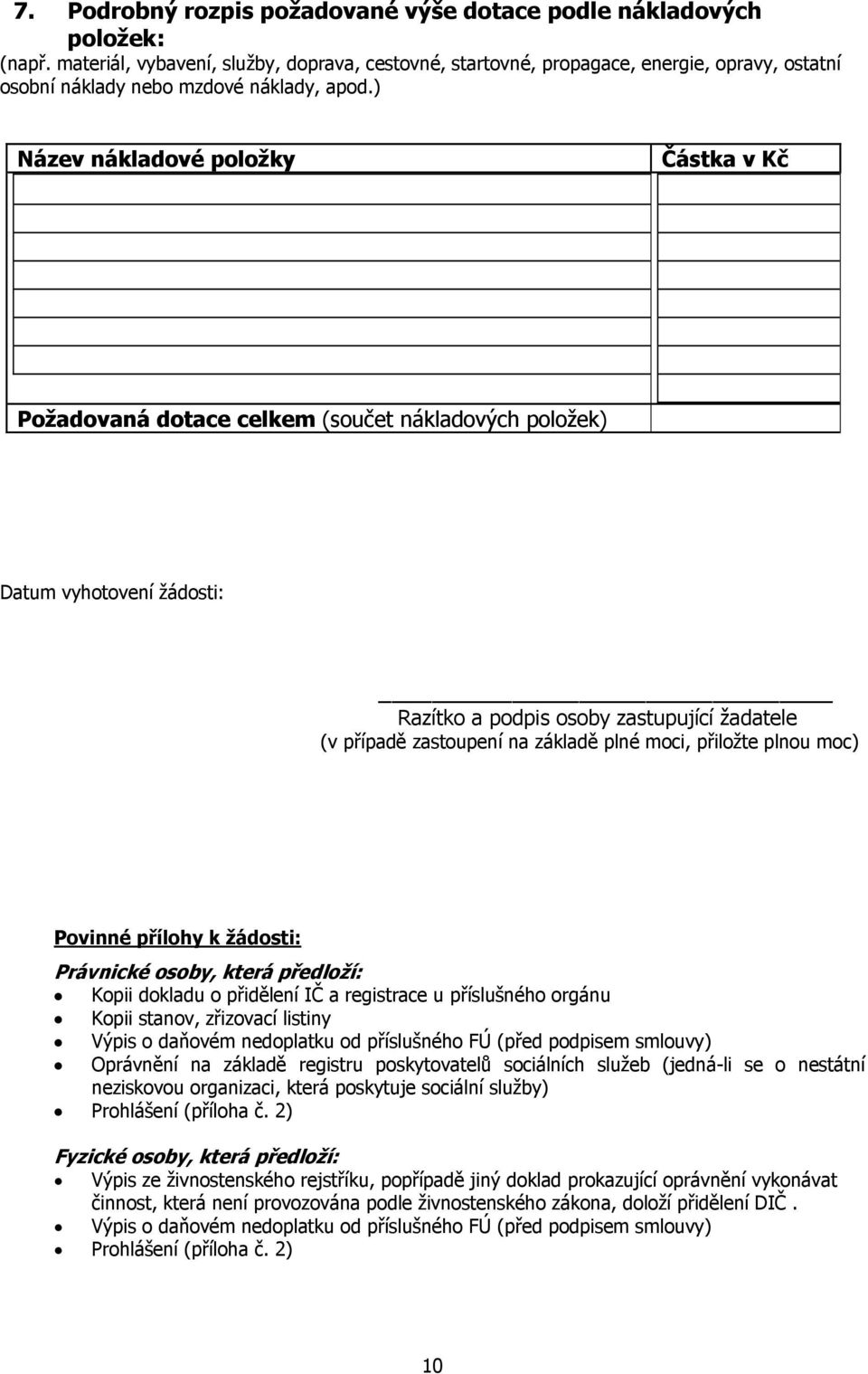 ) Název nákladové položky Částka v Kč Požadovaná dotace celkem (součet nákladových položek) Datum vyhotovení žádosti: Razítko a podpis osoby zastupující žadatele (v případě zastoupení na základě plné