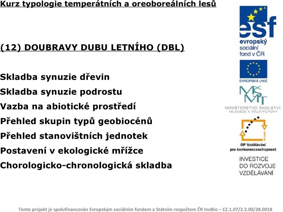 stanovištních jednotek Postavení v ekologické mřížce Chorologicko-chronologická skladba Tento