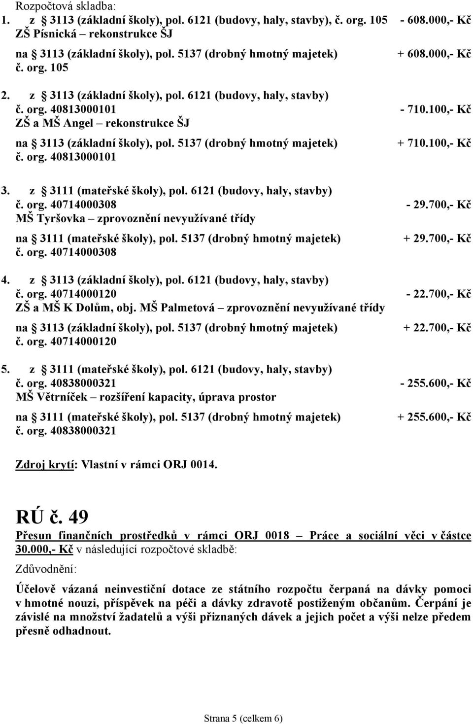 100,- Kč ZŠ a MŠ Angel rekonstrukce ŠJ na 3113 (základní školy), pol. 5137 (drobný hmotný majetek) + 710.100,- Kč č. org. 40813000101 3. z 3111 (mateřské školy), pol. 6121 (budovy, haly, stavby) č.