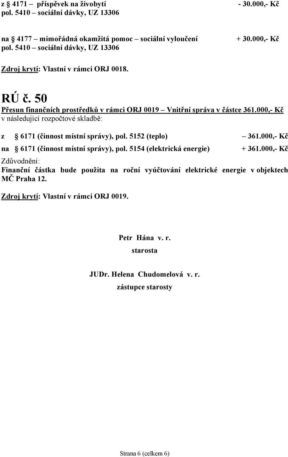 000,- Kč z 6171 (činnost místní správy), pol. 5152 (teplo) 361.000,- Kč na 6171 (činnost místní správy), pol. 5154 (elektrická energie) + 361.