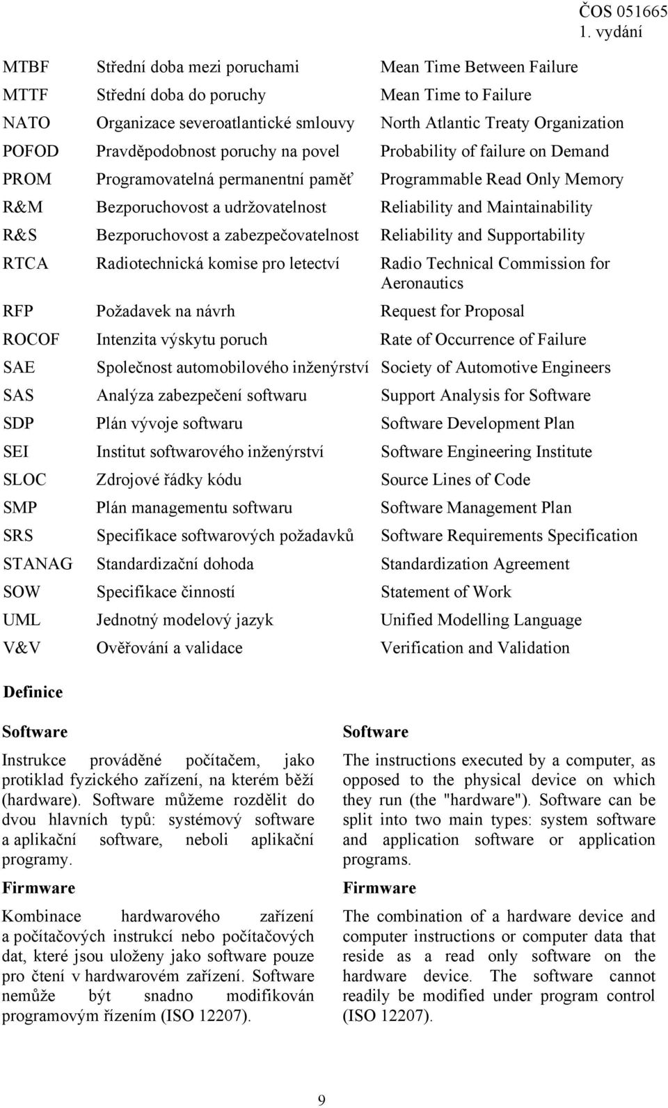 Maintainability R&S Bezporuchovost a zabezpečovatelnost Reliability and Supportability RTCA Radiotechnická komise pro letectví Radio Technical Commission for Aeronautics RFP Požadavek na návrh