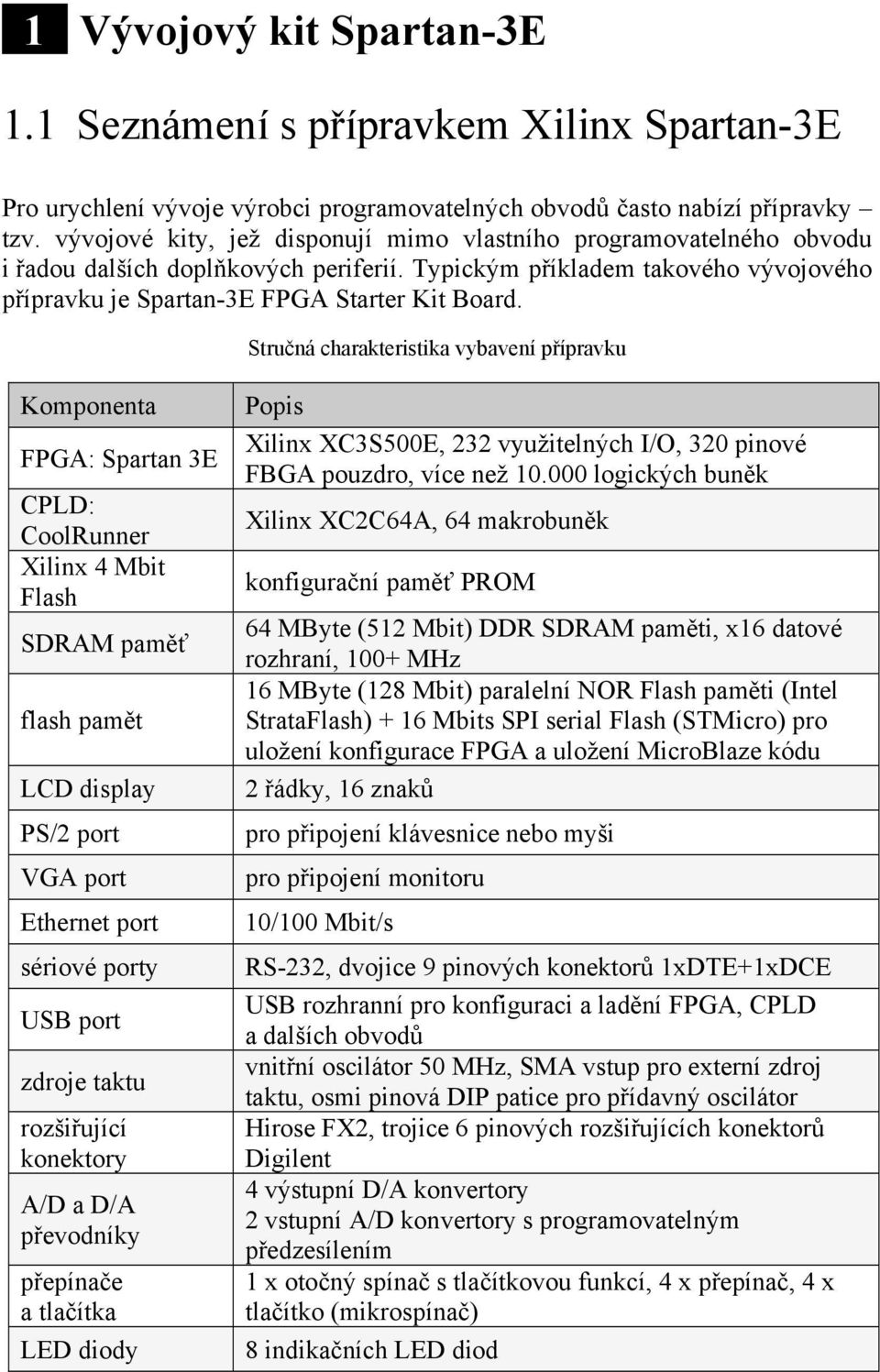 Stručná charakteristika vybavení přípravku Komponenta FPGA: Spartan 3E CPLD: CoolRunner Xilinx 4 Mbit Flash SDRAM paměť flash pamět LCD display PS/2 port VGA port Ethernet port sériové porty USB port