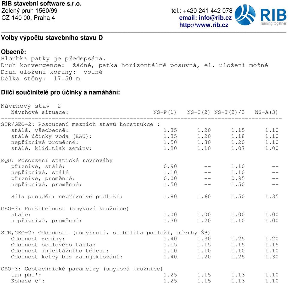 STR/GEO-2: Posouzení mezních stav konstrukce : stálá, všeobecn : 1.35 1.20 1.15 1.10 stálé ú inky voda (EAU): 1.35 1.20 1.18 1.10 nepíznivé prom nné: 1.50 1.30 1.20 1.10 stálé, klid.tlak zeminy: 1.