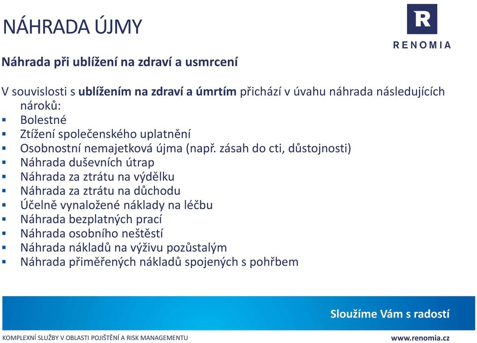 zásah do cti, důstojnosti) Náhrada duševních útrap Náhrada za ztrátu na výdělku Náhrada za ztrátu na důchodu Účelně