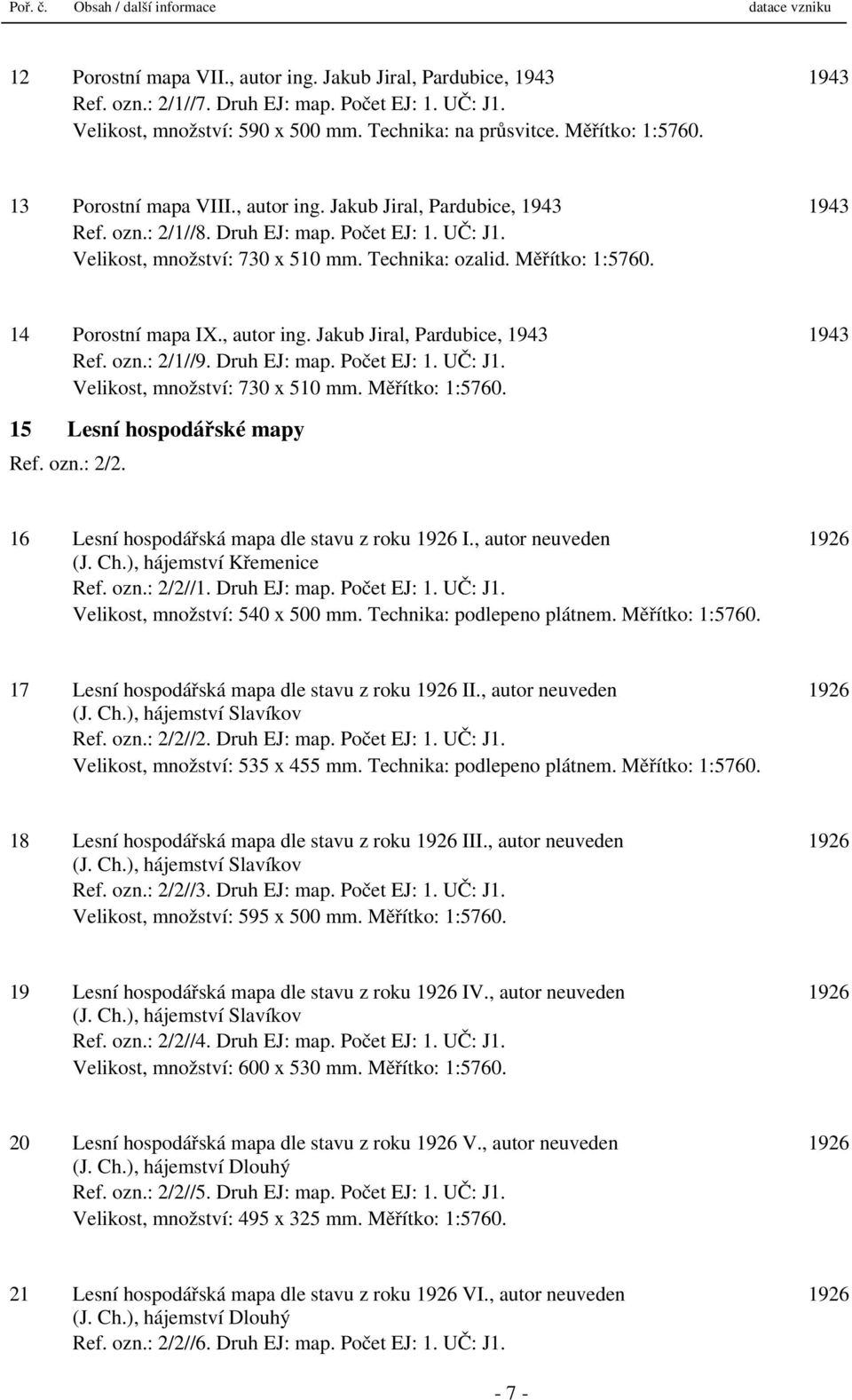 Velikost, množství: 730 x 510 mm. Technika: ozalid. Měřítko: 1:5760. 14 Porostní mapa IX., autor ing. Jakub Jiral, Pardubice, 1943 1943 Ref. ozn.: 2/1//9. Druh EJ: map. Počet EJ: 1. UČ: J1.