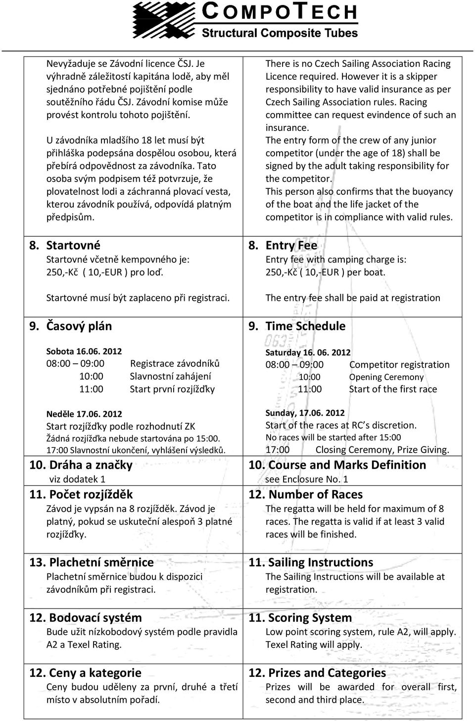 Tato osoba svým podpisem též potvrzuje, že plovatelnost lodi a záchranná plovací vesta, kterou závodník používá, odpovídá platným předpisům. 8.