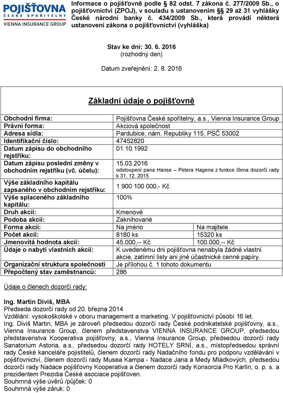 2016 Základní údaje o pojišťovně Obchodní firma: Pojišťovna České spořitelny,, Vienna Insurance Group Právní forma: Akciová společnost Adresa sídla: Pardubice, nám.