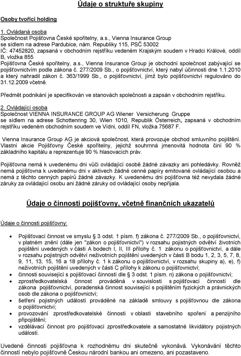 společnost zabývající se pojišťovnictvím podle zákona č. 277/2009 Sb., o pojišťovnictví, který nabyl účinnosti dne 1.1.2010 a který nahradil zákon č. 363/1999 Sb.