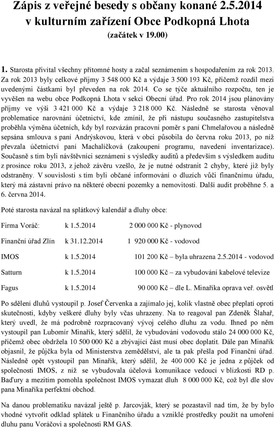 Co se týče aktuálního rozpočtu, ten je vyvěšen na webu obce Podkopná Lhota v sekci Obecní úřad. Pro rok 2014 jsou plánovány příjmy ve výši 3 421 000 Kč a výdaje 3 218 000 Kč.