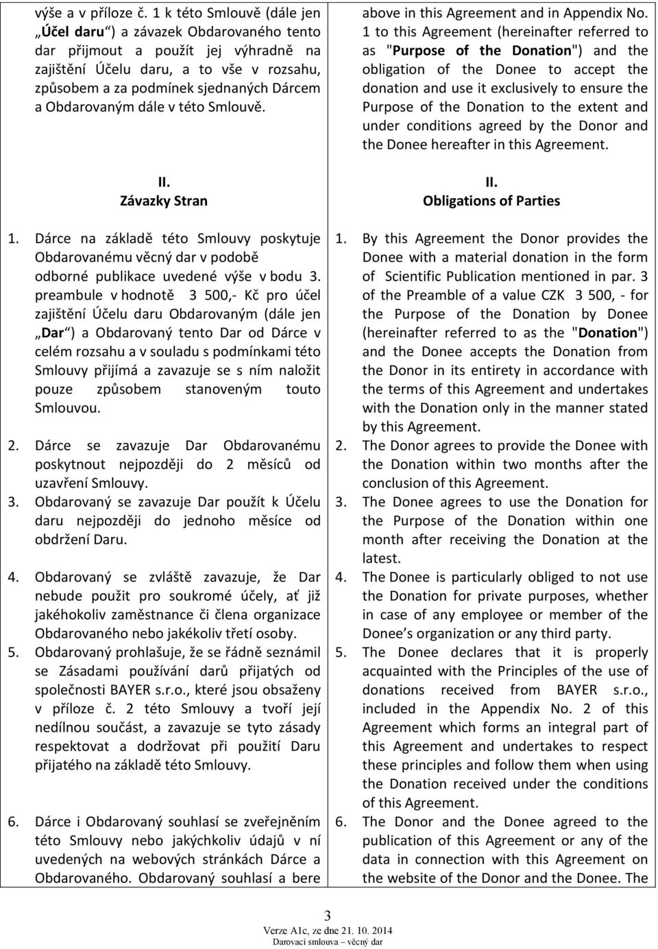 Obdarovaným dále v této Smlouvě. II. Závazky Stran 1. Dárce na základě této Smlouvy poskytuje Obdarovanému věcný dar v podobě odborné publikace uvedené výše v bodu 3.