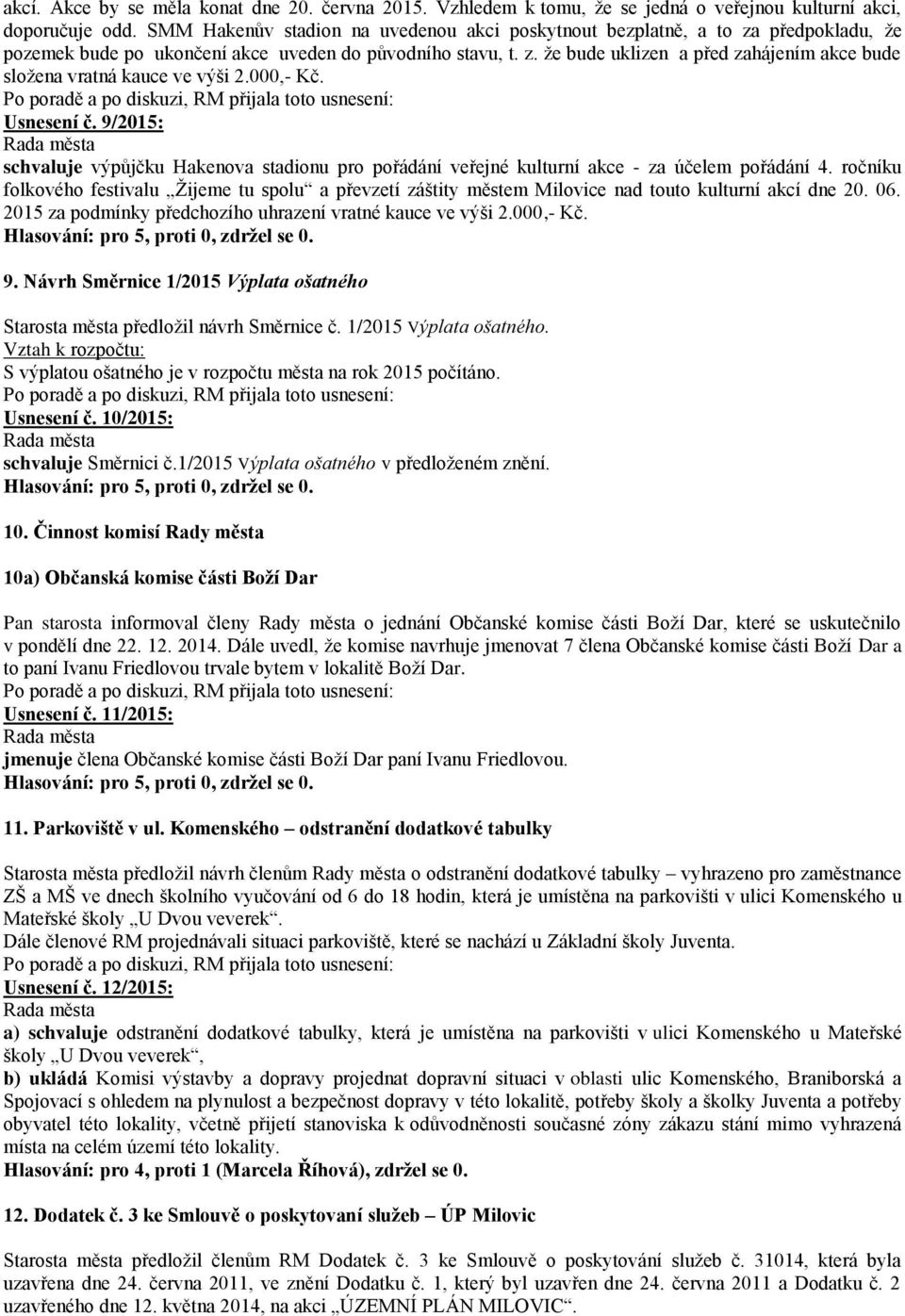 000,- Kč. Usnesení č. 9/2015: schvaluje výpůjčku Hakenova stadionu pro pořádání veřejné kulturní akce - za účelem pořádání 4.