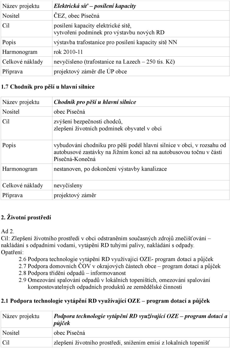 7 Chodník pro pěší u hlavní silnice Chodník pro pěší u hlavní silnice zvýšení bezpečnosti chodců, vybudování chodníku pro pěší podél hlavní silnice v obci, v rozsahu od autobusové zastávky na Jižním