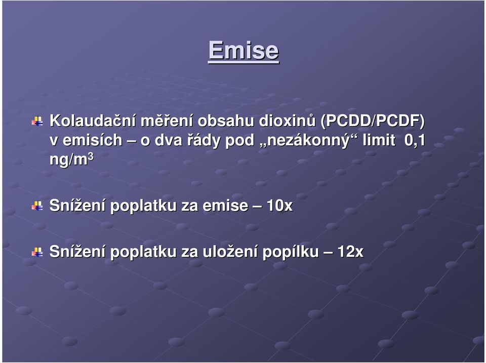 nezákonný limit 0,1 ng/m Snížen ení poplatku