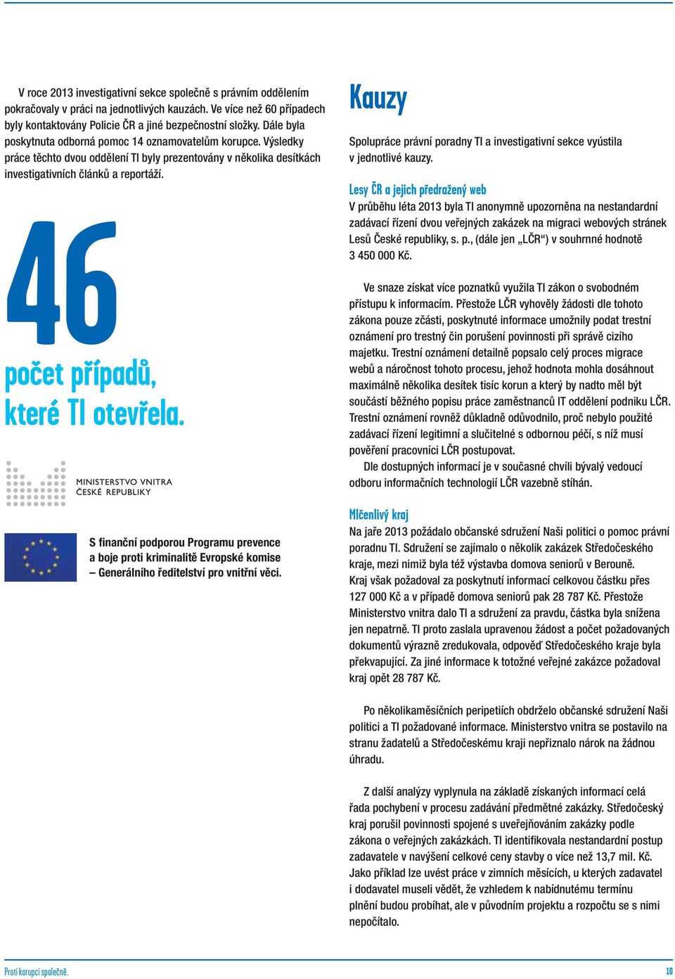 46 počet případů, které TI otevřela. S finanční podporou Programu prevence a boje proti kriminalitě Evropské komise Generálního ředitelství pro vnitřní věci.