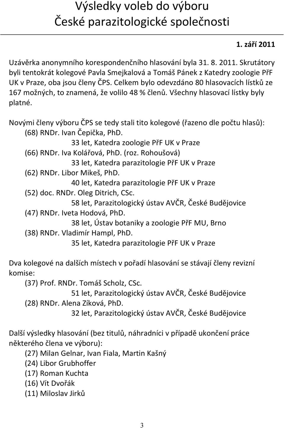 Novými členy výboru ČPS se tedy stali tito kolegové (řazeno dle počtu hlasů): (68) RNDr. Ivan Čepička, PhD. 33 let, Katedra zoologie PřF UK v Praze (66) RNDr. Iva Kolářová, PhD. (roz.