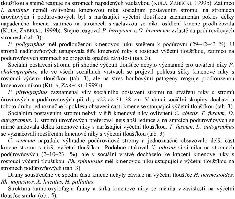 stromech s václavkou se nika osídlení kmene prodlužovala (KULA, ZABECKI, 1999b). Stejně reagoval P. harcyniae a O. brunneum zvláště na podúrovňových stromech (tab. 3). P. poligraphus měl prodlouženou kmenovou niku směrem k podúrovni (29 42 43 %).