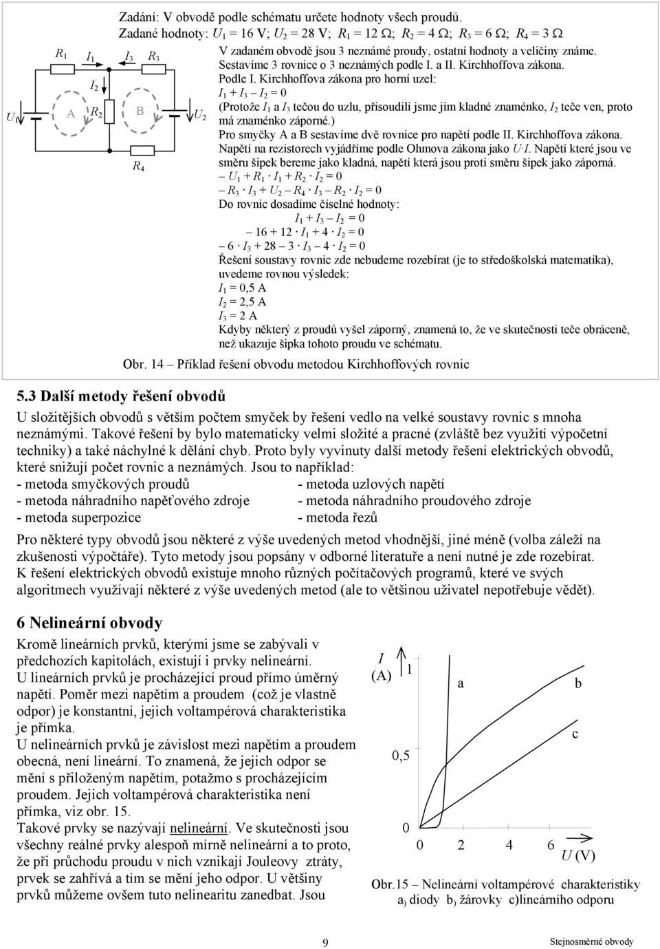 Kirchhoffova zákoa pro horí uzel: + = 0 (Protože a tečou do uzlu, přisoudili jsme jim kladé zaméko, teče ve, proto A R B má zaméko záporé.) Pro smyčky A a B sestavíme dvě rovice pro apětí podle.