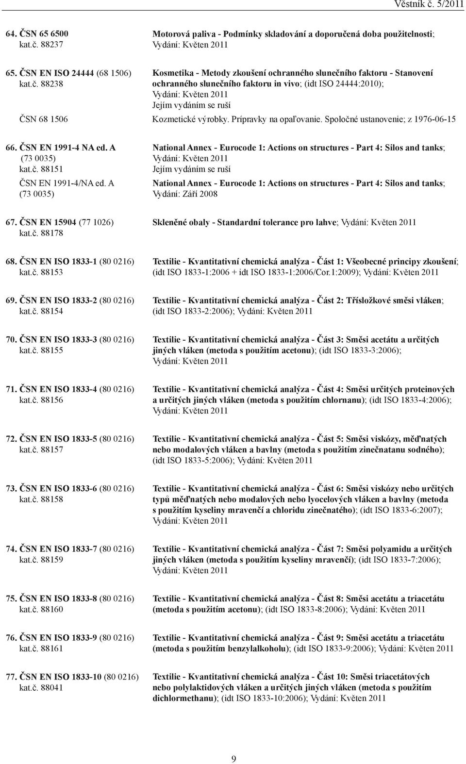 ná doba použitelnosti; Vydání: Květen 2011 65. ČSN EN ISO 24444 (68 1506) kat.č.