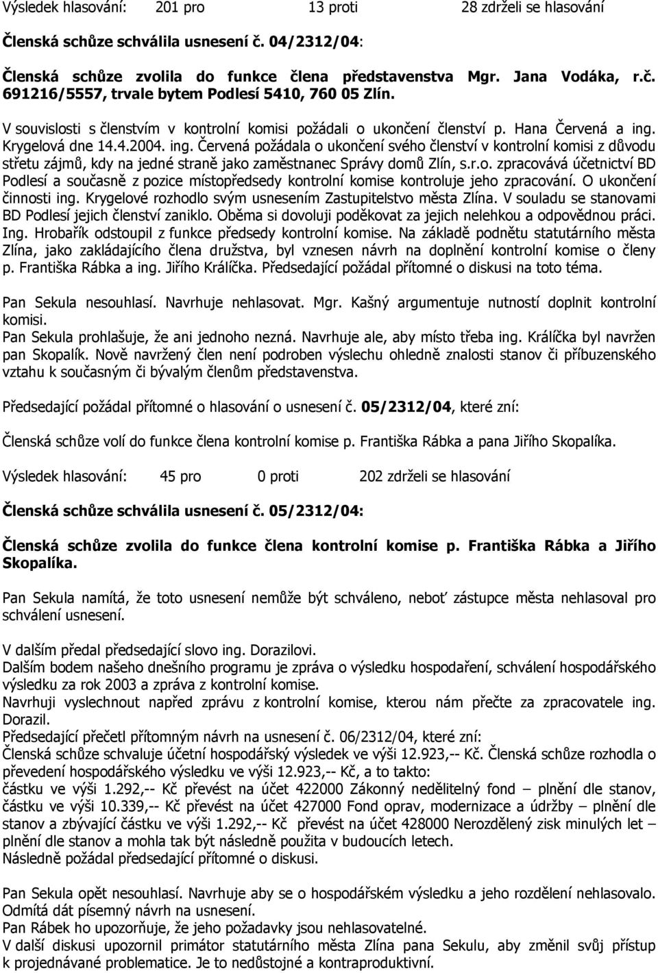 Krygelová dne 14.4.2004. ing. Červená požádala o ukončení svého členství v kontrolní komisi z důvodu střetu zájmů, kdy na jedné straně jako zaměstnanec Správy domů Zlín, s.r.o. zpracovává účetnictví BD Podlesí a současně z pozice místopředsedy kontrolní komise kontroluje jeho zpracování.