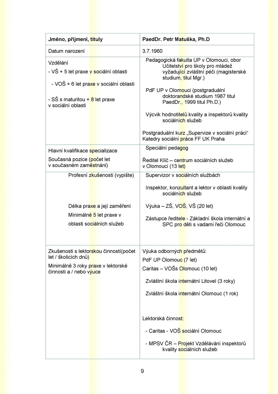 školy pro mládež vyžadující zvláštní péči (magisterské studium, titul Mgr.) PdF UP v Olomouci (postgraduální doktorandské studium 1987 titul PaedDr